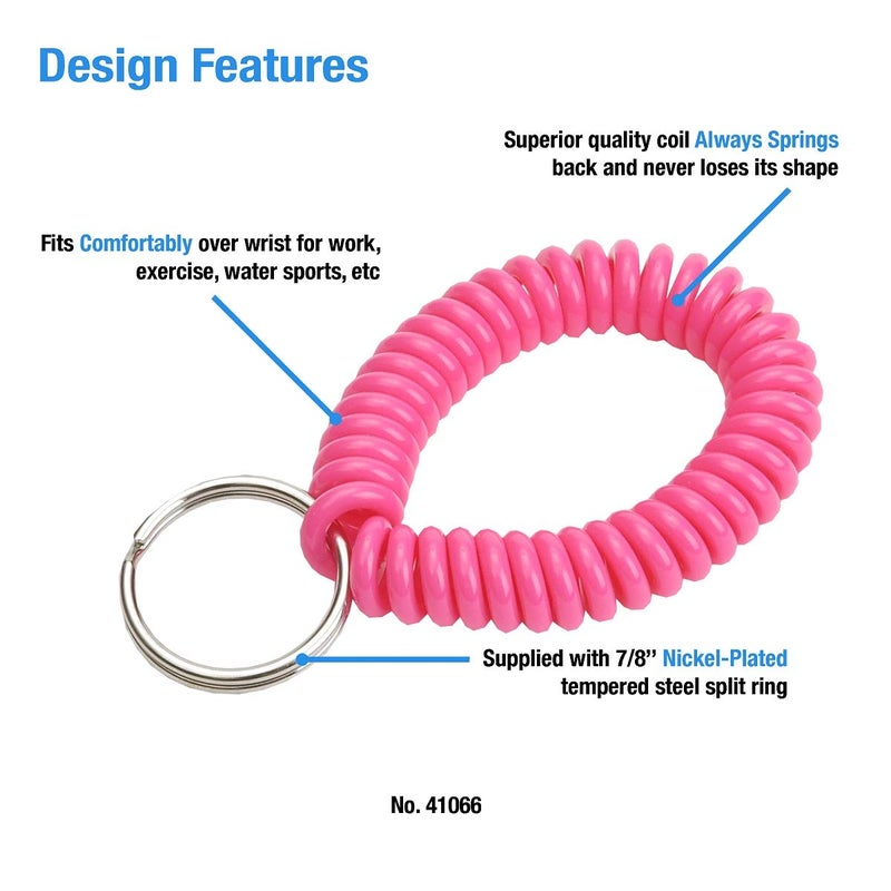 Lucky Line 2â€ Spiral Wrist Coil with Steel Key Ring, Flexible Wrist Band Key Chain Bracelet, Stretches to 12â€, Neon Pink, 10 PK (41066) - Image 2